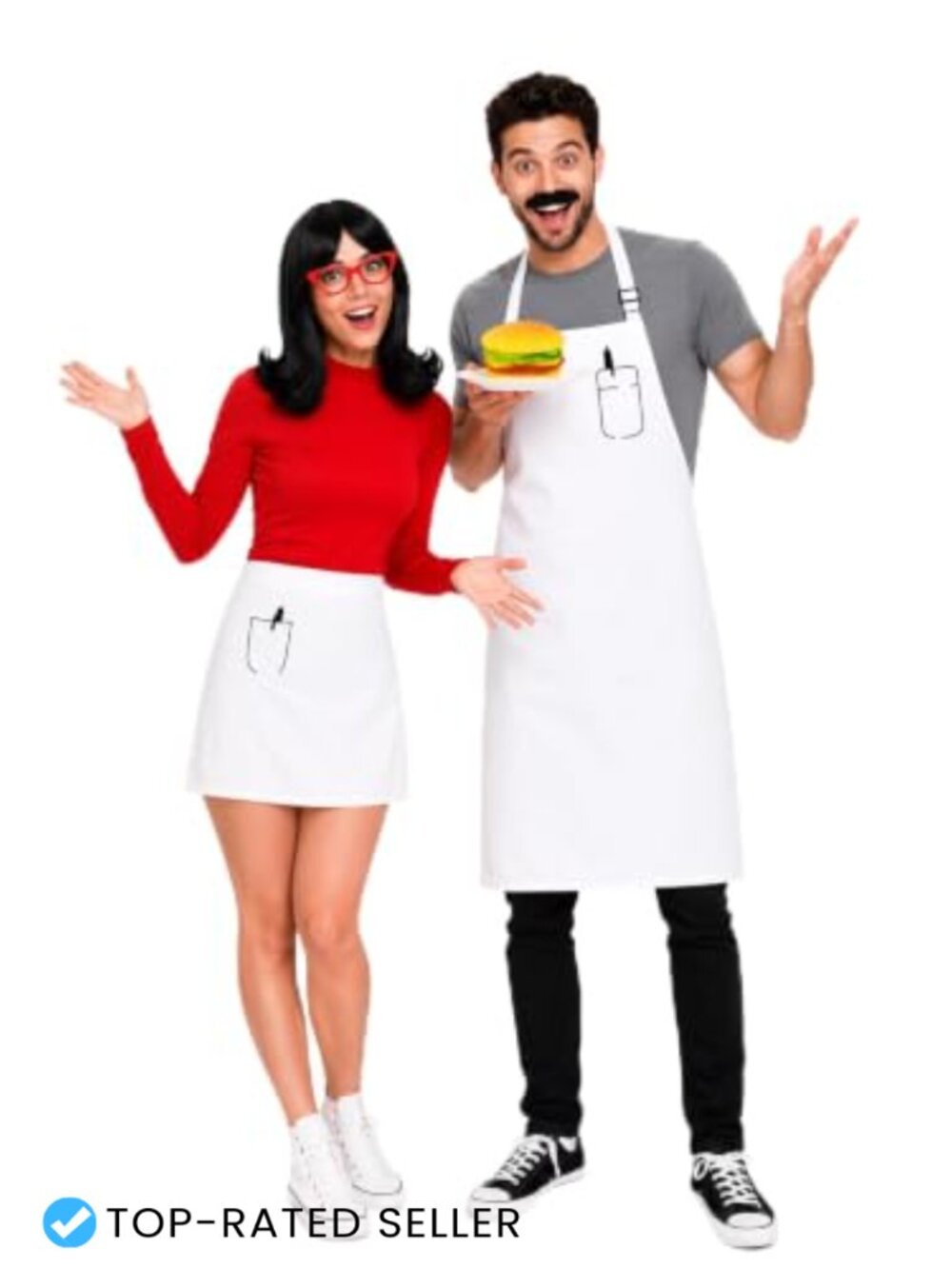 Adult Couple Burger Shop Costume Set Aprons Wig Glasses Beard